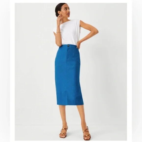 "NWT" Ann Taylor Royal Blue Utility Linen Blend Pencil Midi Skirt In Size 14 - Picture 1 of 11